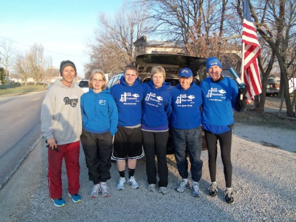 Sarah Black (my niece) and Zach Lauf (Godson and nephew) met the St. Louis LIFE Runners to start the Mid-MO Chapters portion of the Relay.  They are pictured here (Center) with St. Louis LIFE Runners as well as Bill and Kris Pauls.