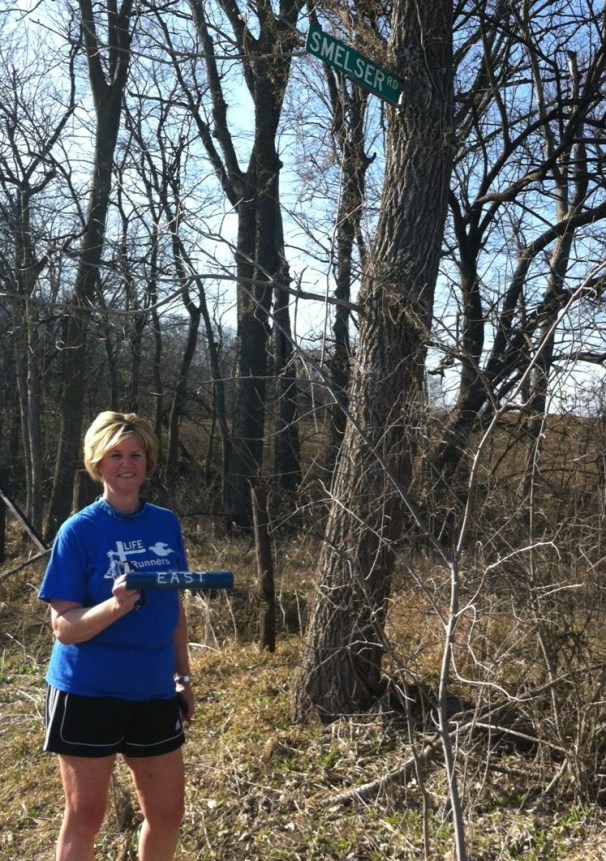 The area in Missouri that we were running in was so rural that the street sign marking the end of my last leg and the Mid-MO portion...was in the tree.